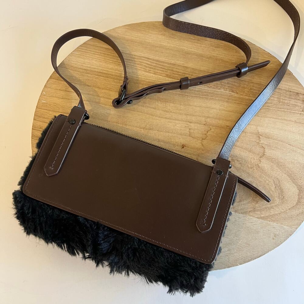 KDB Brown Genuine Cowhide Leather Black Fur Lined Crossbody Small Bag